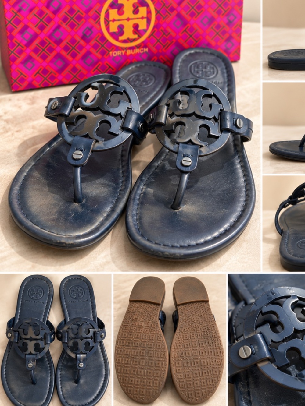 Tory Burch Miller Sandals Navy Blue Leather | Original Box